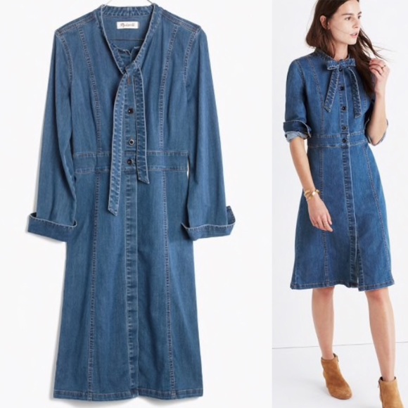 tie neck denim dress